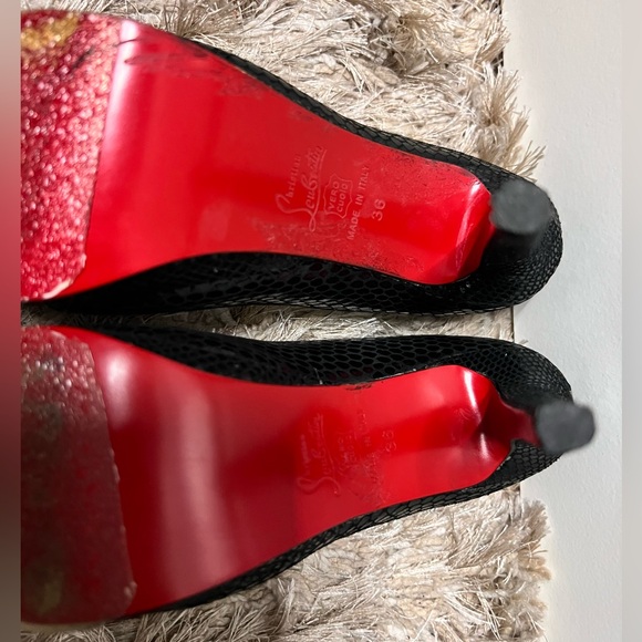 Christian Louboutin Black Snakeskin Textured Peep-Toe Platform Heels - Picture 7 of 8